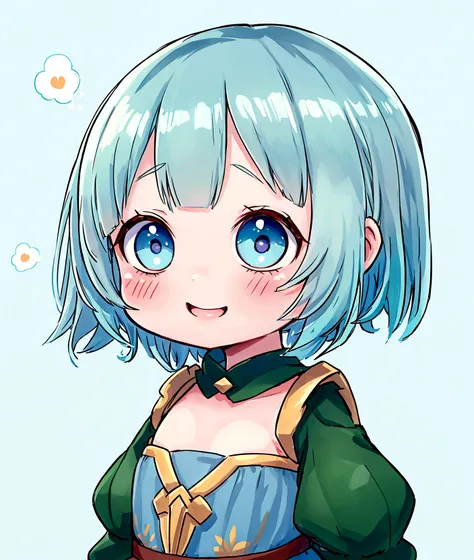 Little Dwarf Girl,Baby Face, ((Anime Girls)),　Green Skin、Light blue hair、、Short limbs、Big Head、Flat chest、Very detailed, ((masterpiece, Highest quality;1.3)) , An innocent smile、laughing、whole body