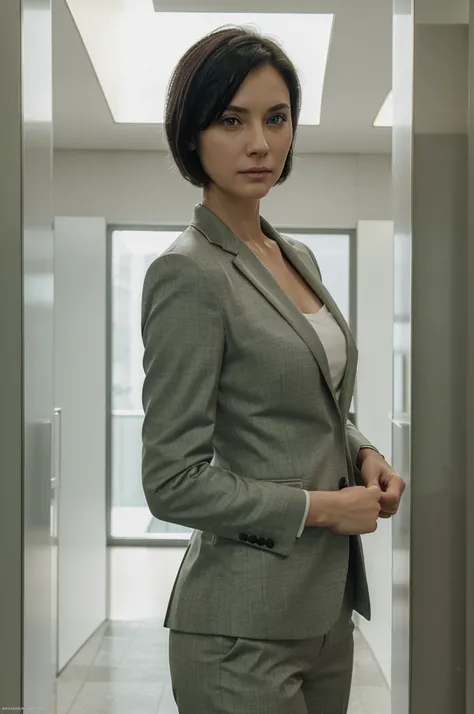 ((best quality)), (realistic), ((high definition)), female, 37 years old, white skin, short hair, shoulder length black hair, green eyes, wearing a suit, wearing office wear