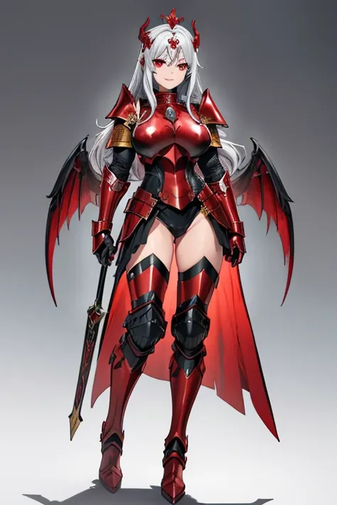 female, silver long hair, red eyes, (((1girl))), (((red full body armor))), (black gloves), (red metal gauntlets), (red metal boots), (red knights helmet), (black crown), (silver and gold jewelry), cute and sexy, full body, huge breasts, long legs, smiling...