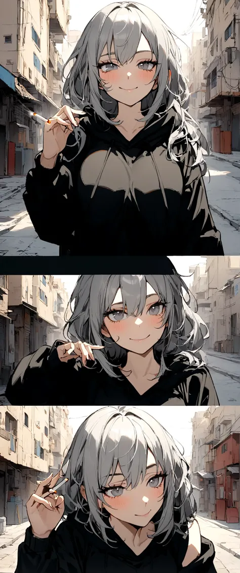 1girl, sarcastic smile, eyebags, gray-colored eyes, messy shoulder-length gray hair, wearing black hoodie, has a cigarette on hand, looking slightly tired.