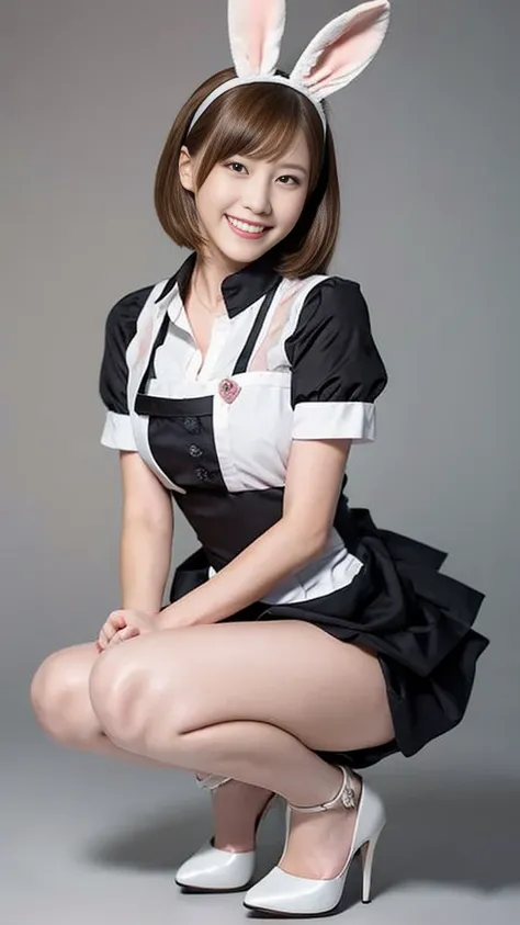 A bunny girl in a light pink maid outfit working at a maid cafe:1.5，The best smile:1.5，Full Body Shot:1.5，Gray background:1.5，Wearing black high heels:1.5，Brown hair, short cut, side wavy:1.5，Squat:1.5