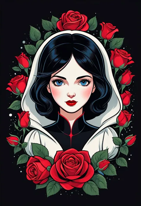 snow white and red roses advertising poster style, t shirt design, flat-colors, vector,  ((black backdrop)) . proffesional, mode...