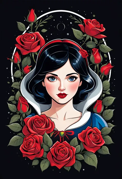 Snow white and red roses advertising poster style, t shirt design, flat-colors, vector,  ((black backdrop)) . proffesional, moderno, Product focus, Commercial, appealing, highy detailed