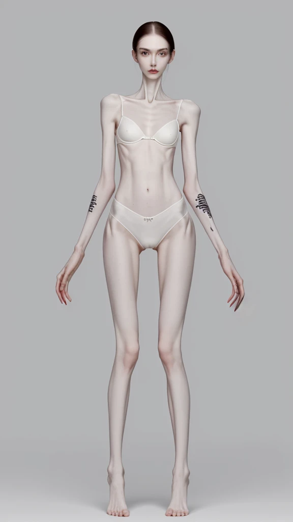 a woman, very thin body, body visible bones, very slender , sweaty weat body, pale white skin, panties, bra,tatto, full body, lean