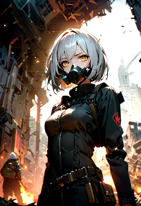 1 Girl, Yellow eyes, (Mechanical:1.2), White hair, (Black gas mask), gear, Bob Cut, Revelation, Damaged buildings，(masterpiece:1.2,high quality), 