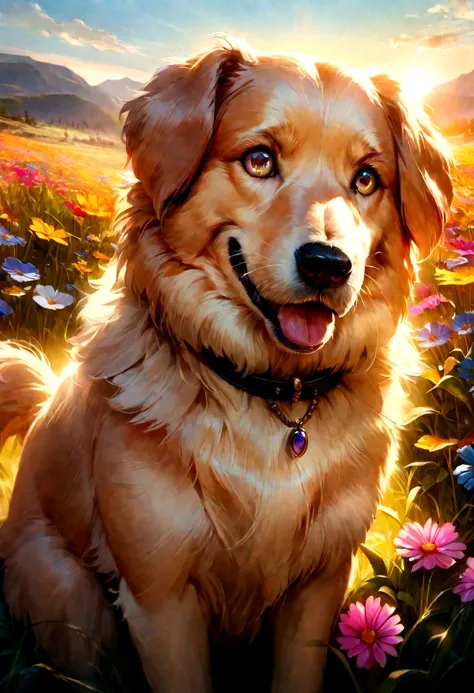 a young  playing with their dog in a field of flowers, blue sky with a radiant sun, detailed facial features, beautiful detailed eyes, beautiful detailed lips, extremely detailed eyes and face, long eyelashes, cute  expression, playful interaction with dog...