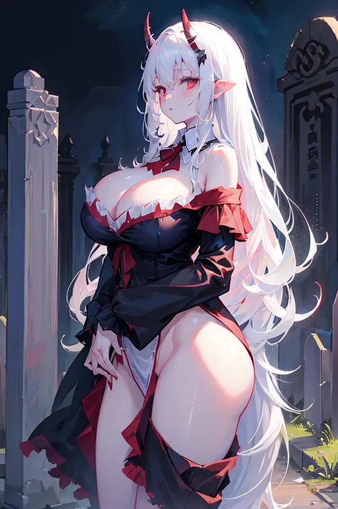 1 girl, big breasts, Hitodama, night, tombstone, cemetery, long sleeves, ghost, pale skin, off the shoulder, long white hair, bare legs, torn clothes, open hips, plump hips, red eyes, white horns, Massive breasts, long beautiful legs, no panties