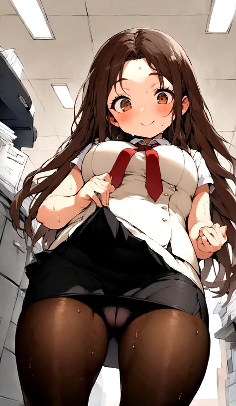 One Woman、One Man、The man is looking up her skirt、Beauty、office、clerkの制服、clerk、Age 25、Tight Skirt、Looking down at the viewer, Jaggy Hair, Highest quality, Focus on the thighs, smile,  Black Pantyhose, panties under pantyhose、Plump thighs、Big Ass、Big 、 Brow...