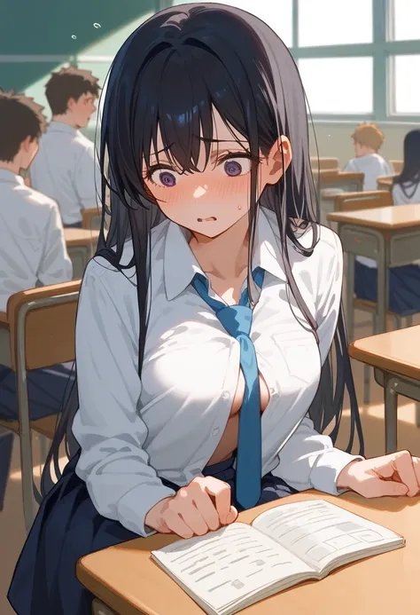 Hoshino Ichika,Project Sekai,project sekai,One girl,Embarrassing,high school girl,Blue-black hair,black eye,beautiful girl,long hair,School,White shirt,Blue tie,skirt,Sitting in a chair,Watching the audience,nsfw,The shirt is unbuttoned,A man rubs her brea...