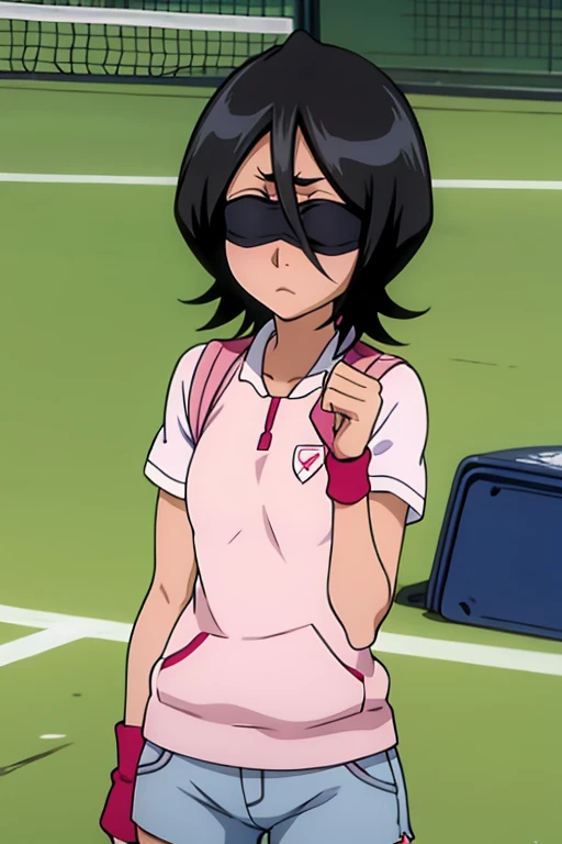 tennis girl in short pants, wearing oven mittens tucked in pockets, blindfold

