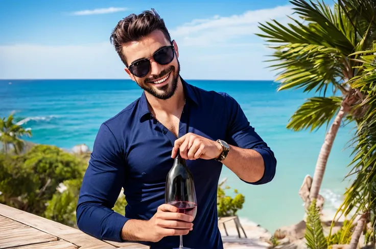 cool guy with wine　smile　achievers　navy shirt　near the sea　sunglasses　stylish　king