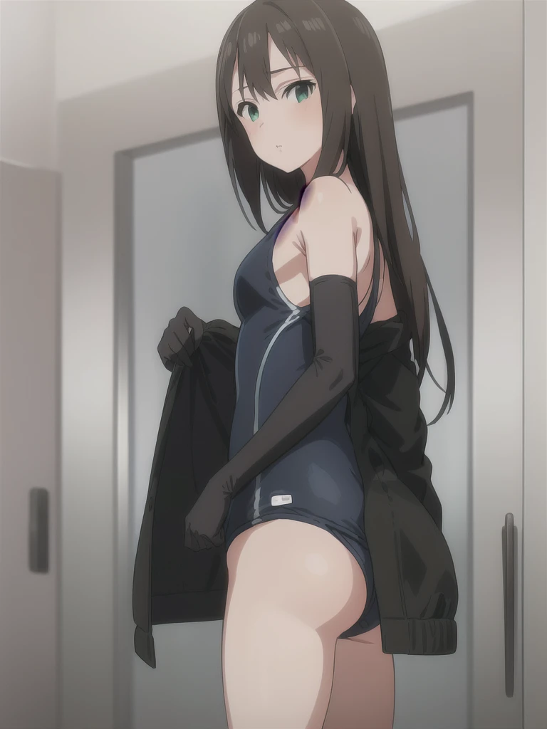 (masterpiece, best quality:1.2), 1girl, looking at viewer, waving, long hair, ((coat on school swimsuit, elbow gloves))