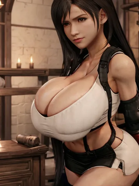 Tifa Lockheart, white crop top, short black skirt, large breasts, skindentation, cleavage