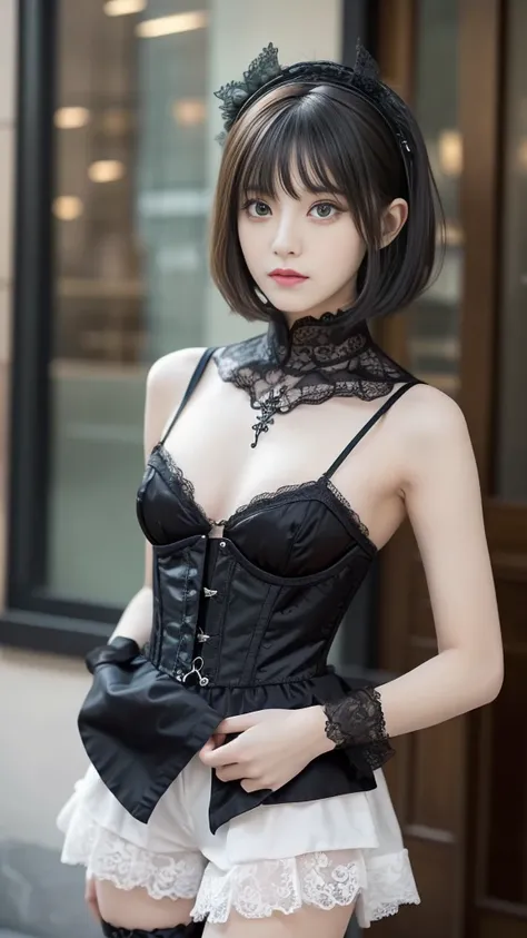 Female figure, She wears a complex visual kei gothic lolita outfit.,Gothic Makeup, A perfect blend of elegance and rebellion. His outfit features a luxurious lace combination., corset, Elaborate accessories, Ornately decorated. dark, His flowing hair casca...