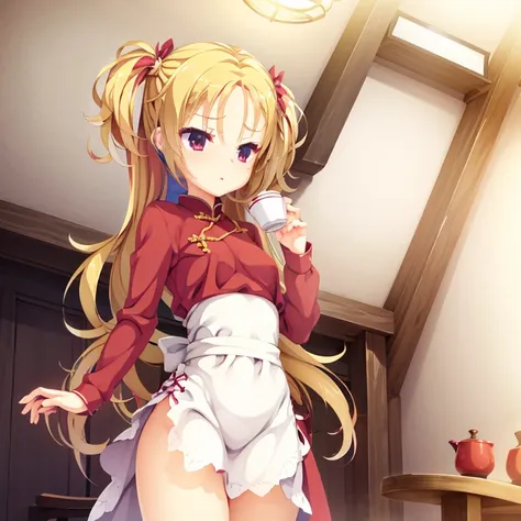 a small girl, seductive, ((forehead to show)), attractive, sexy eyes, red coat, blonde hair, twintail, delicate, young, long hai...