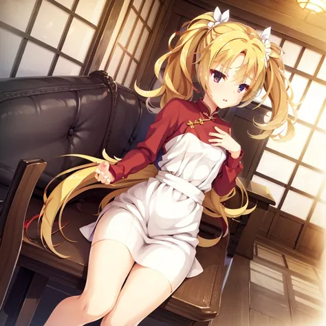 a small girl, seductive, ((forehead to show)), attractive, sexy eyes, red coat, blonde hair, twintail, delicate, young, long hai...