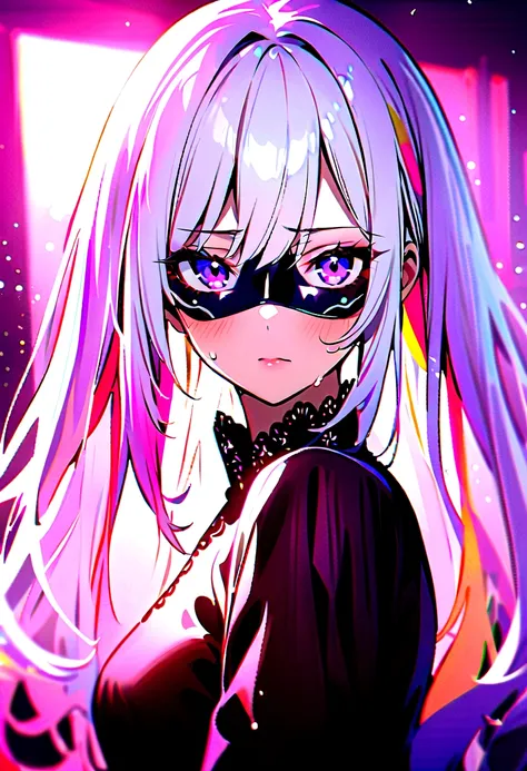 1 Girl, White hair, Colorful hair, Purple Eyes, mask, Side Light, Light Particles, Sweating