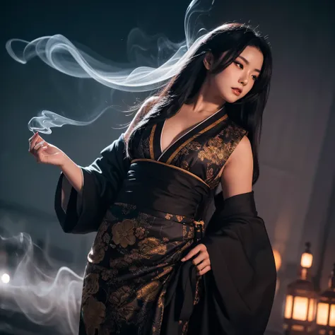 Alone　woman　Black Hair　Long Hair　smoke tube　kimono　Moonlit Night　shrine　Detailed Background　masterpiece　Curvy body Accurate human body Accurate 5-finger High contrast　4K Exquisite lighting and shadows　Cinema Lens Effects　Vibrant colors　Majestic