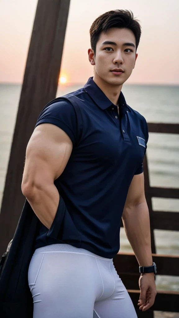 A male police officer in his 20s poses for a group photo....., Wear a white underwear ......................., high resolution, Masterpiece, best quality, head:1.3,((Hasselblad photos)), Smooth and fine skin, clear focus, (movie light), at the beach during...