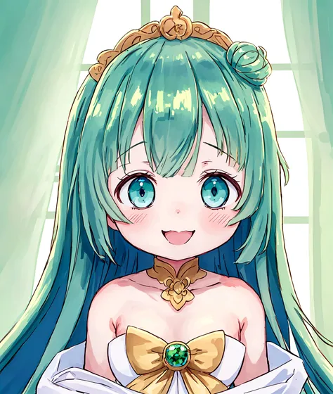 One person、,Baby Face, ((Anime Girls)),　Green skin girl、Light blue long hair、、Flat chest、Very detailed, ((masterpiece, Highest quality;1.3)) , An innocent smile、laughing、whole body