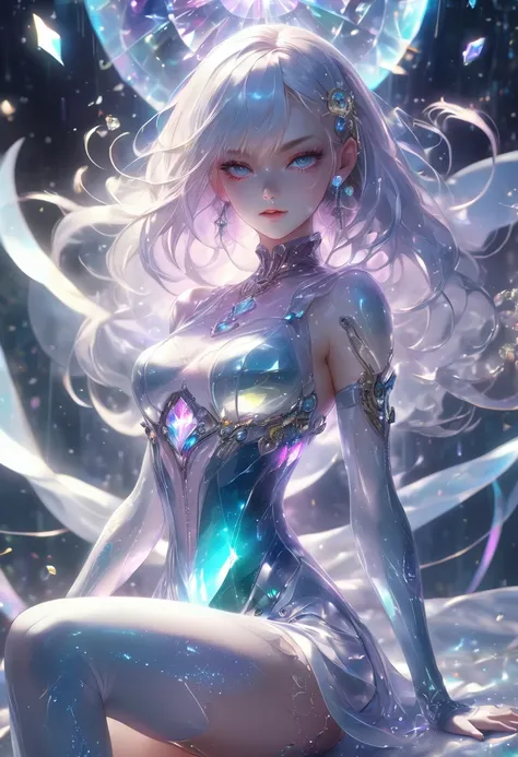 crystal covered, （Full body ：1.3）, alternate color, masterpiece, detailed illustration, realistic, pixiv top quality, exquisite, {{{kawaii 1girl}}}, ultra beauties who fuse with machines, glitter beautiful female, Half of my body is made of machines,  cine...