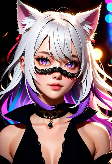 1 Girl, White hair, Colorful hair, Purple Eyes, mask, Side Light, Light Particles, Cat ears