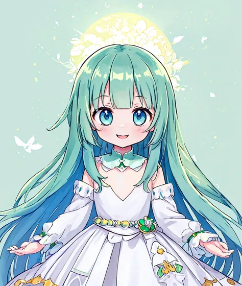 One person、,Baby Face, ((Anime Girls)),　Green body、Light blue long hair、White dress、、Flat chest、Very detailed, ((masterpiece, Highest quality;1.3)) , An innocent smile、laughing、whole body