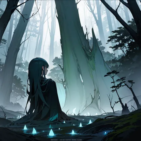 Create a digital artwork for the series A Not So Fairytale that embodies the dark and eerie essence of twisted fairytales. The scene should depict a dark, enchanted forest with gnarled trees, thick mist, and a dim, eerie light filtering through the branche...