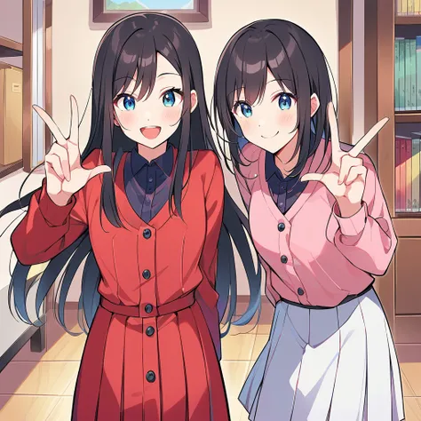 A confident smile, かわいいポーズをとっているtwo students demonstrating a gesture commonly associated with a peace sign while speaking by レストラン, slacks, Black Hair, indoor, in, skirt, shirt, ((((complete fiine fingers))))