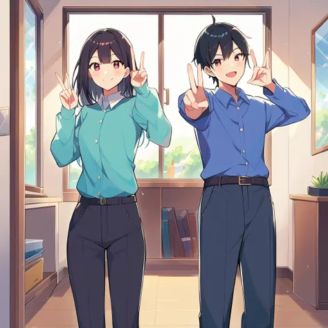 A confident smile, かわいいポーズをとっているtwo students demonstrating a gesture commonly associated with a peace sign while speaking by レストラン, slacks, Black Hair, indoor, in, skirt, shirt, ((((complete fiine fingers))))