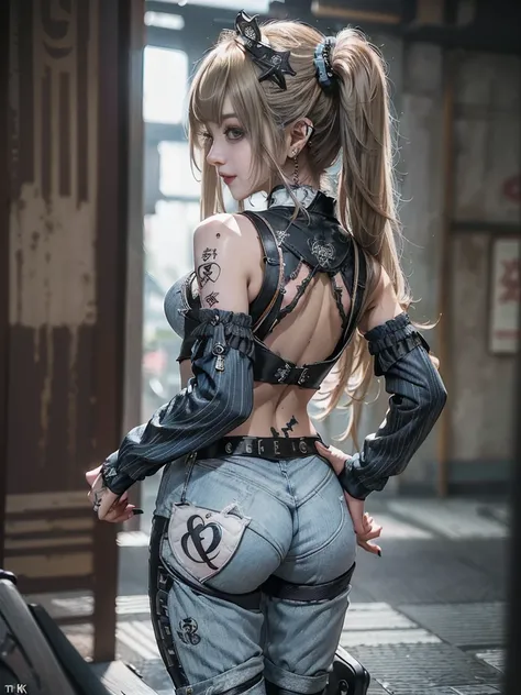 (Full Body View:1.3)、(Back view:1.4)、(Smiling with teeth showing:1.3),(Shibuya Gal:1.5)、(Gothic Lolita style fashion:1.5)、(Punk RockVisual Kei:1.5)、(Wearing a rhythmic gymnastics bodysuit with intricate details:1.4)、(Racing suit and pants with intricate de...