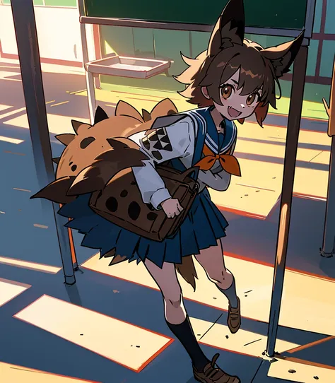 (hyena_girl: 1.3), (elementary_school_student: 1.3), (animal_ears: 1.2), (hyena_ears: 1.3), (hyena_tail: 1.3), (school_uniform: 1.2), (short_hair: 1.1), (brown_hair: 1.1), (brown_eyes: 1.1), (fang: 1.2), (spotted_fur: 1.2), (paw_prints: 1.1), (cute: 1.2), ...