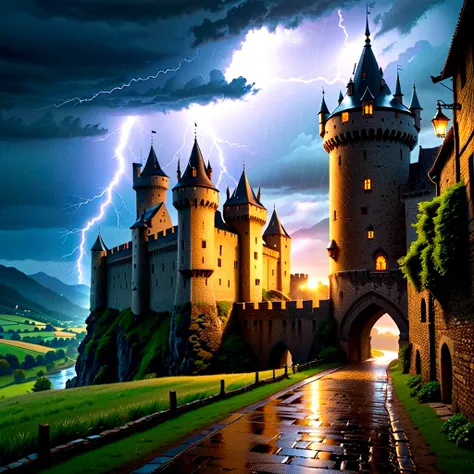 (Late afternoon):0.9, (Dense atmosphere):0.8, (Feeling cold):0.7, (castle):1.2, (middle Ages):1.1, (storm):1.4, (lightning):1.3, (rain):1.2, (细rain):1.2, (Detailed 8k):1.5.