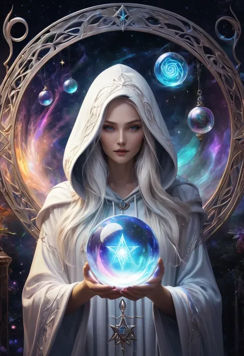 
               The runes in the mysterious rune magic circle exude a mysterious light，Fascinating and curious. 

                  A beautiful astrologer with long and flowing white hair. A beautiful astrologer wearing a white luminous hoodie holding a lu...