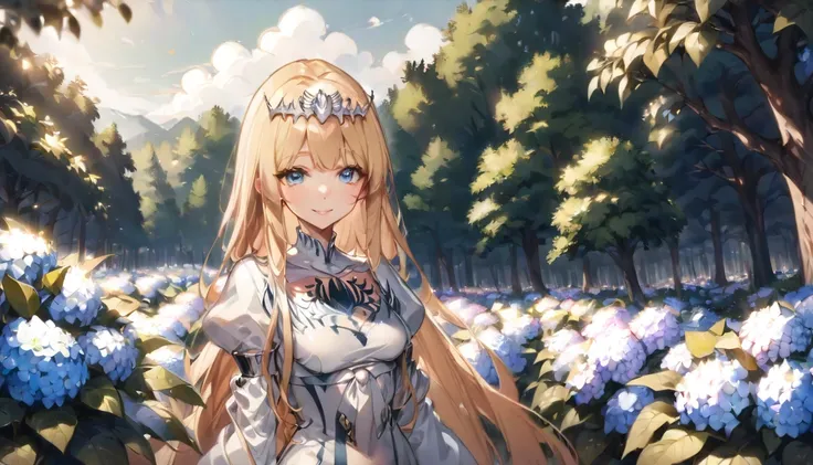 sunny, Surrounded by hydrangeas, masterpiece,, smile, 1girl,solo, calca, blonde hair, ,( extremely long hair:1.3), very long hair, extra long hair, white tiara, white dress, blue eyes,Calca Bessarez, medium breast,Calca, outdoor, beautiful forest, close up...