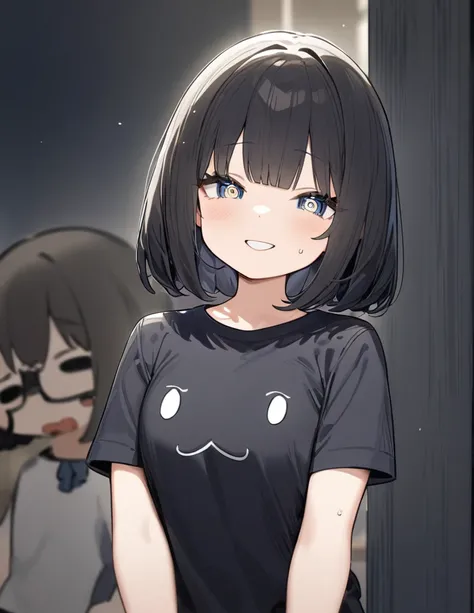 (A cute chibi-style girl with black hair. She has large, expressive eyes and a small, round body.),(The black-haired girl is t-shirt and has a cheerful expression on her face.),(The background is simple and light to highlight the character.),(best quality:...