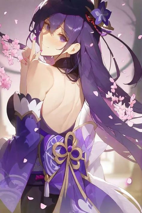 by kuroduki, best quality, masterpiece, pseudo impasto, raiden shogun, 1girl, solo, dark violet hair, long hair, looking at viewer, purple eyes, smile, bare shoulders, bangs, hair between eyes, detached sleeves, hair ornament, japanese clothes, upper body,...