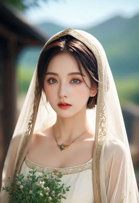 sakimichan style, Wlop style, portrait, Delicate face, Beautiful woman, Full lips, Opaque veil, Medieval veil, Head Rail, 12th century, Heterochromia of the Eyes, iridescent eyes, Medieval clothing, Briot, Lord of the Rings dress, Nearly perfect, Beautiful...