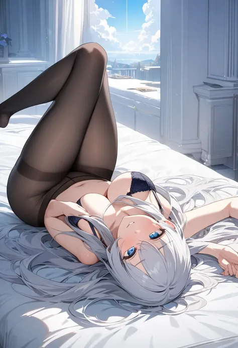 ((masterpiece)), (Highest quality), (Simple style), Silver hair, long hair, blue eyes, heaven, bed, legs spread, tights, bra 