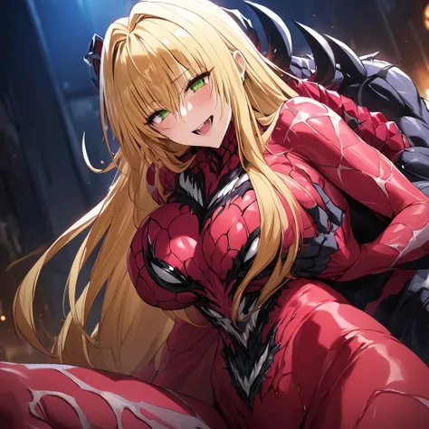 ((Highest quality)), ((masterpiece)), (detailed), （Perfect Face）、The Venom woman is Tearju, a green-eyed, blonde, medium-long-haired female Venom who has completely transformed into Venom and is wearing a red Venom suit that fits her entire body, including...