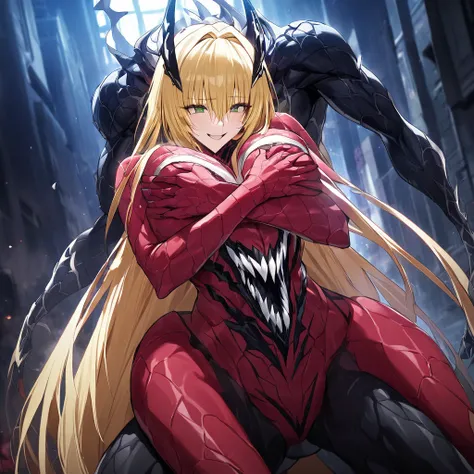 ((Highest quality)), ((masterpiece)), (detailed), （Perfect Face）、The Venom woman is Tearju, a green-eyed, blonde, medium-long-haired female Venom who has completely transformed into Venom and is wearing a red Venom suit that fits her entire body, including...