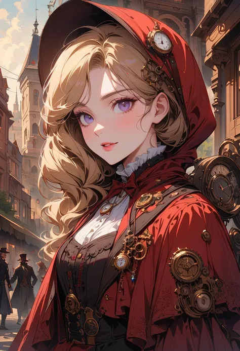 close up, Straight blond short curly hair child girl little red riding hood, Clock on necklace, (Victorian Era), ((Steampunk)), photography, Work, elegant, meticulous, Gorgeous, Maximum details, Extreme pursuit of aesthetics, Complex details, Lots of gears...