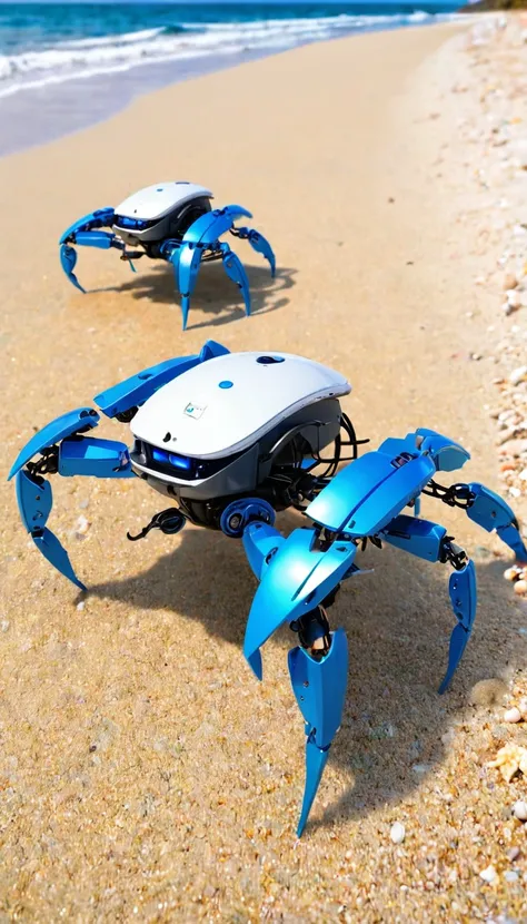 A row of robot crabs on the beach. AI Crabbot maintains the realistic appearance of a crab.、Partially transparent design allows you to see the internal mechanism。
A depiction of nanotechnology embedded within a robot&#39;s body。
