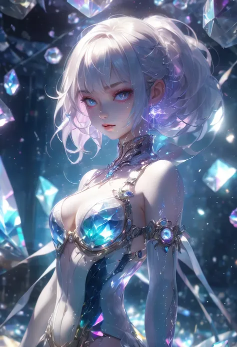 crystal covered, （Full body ：1.3）, alternate color, masterpiece, detailed illustration, realistic, pixiv top quality, exquisite, {{{kawaii 1girl}}}, ultra beauties who fuse with machines, glitter beautiful female, Half of my body is made of machines,  cine...