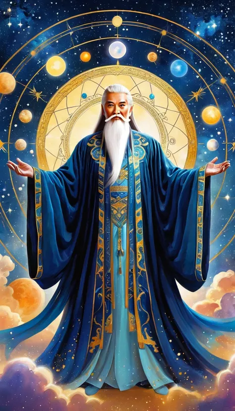 oriental fortune teller，the old immortal on the top of the stars，elders，white beard and long white eyebrows，black loose hanfu ro...