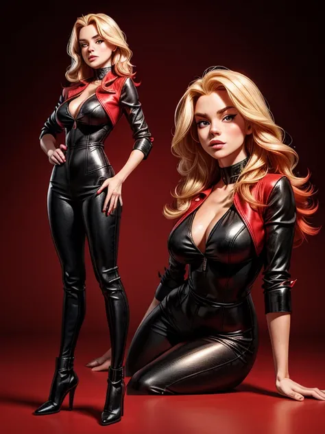 blonde woman with red hair, red and black clothes, full body, detailed face, sensual pose.