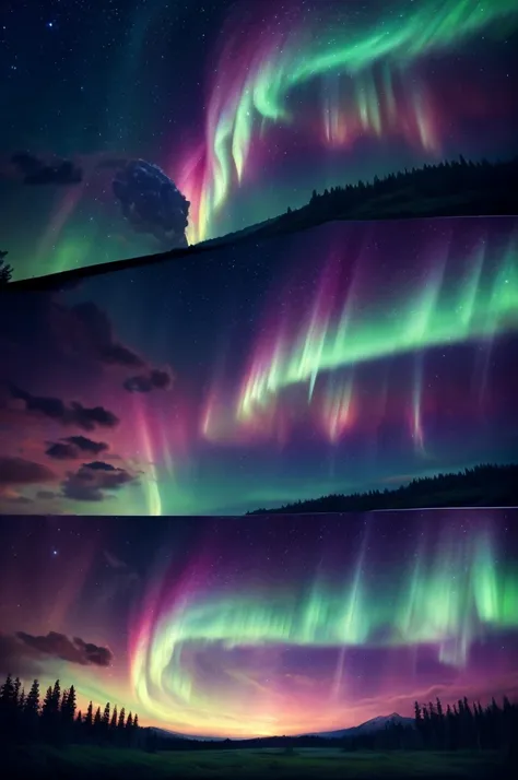 (masterpiece:1.3), (best quality:1.1), (8k, ultra detailed, ultra high res:1.2), anime style, aurora, Fantastical Aurora Display, forest, 