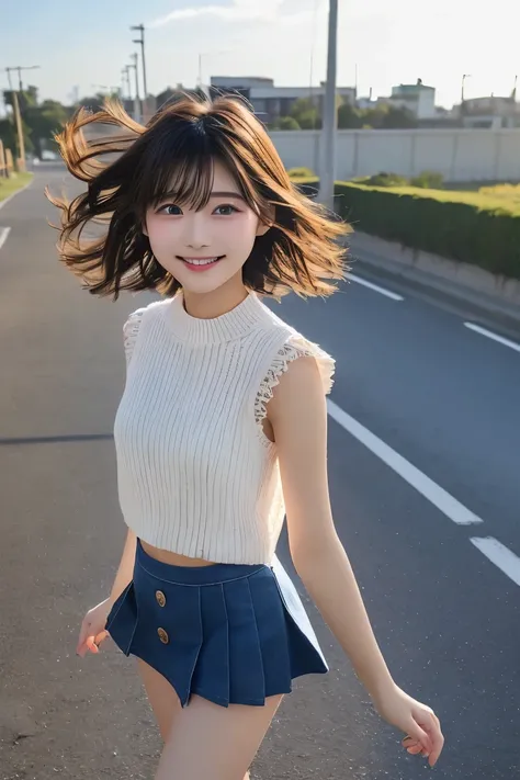 Highest quality, (beautiful)、A mini skirt fluttering in the wind、No sleeve、Hair blowing in the wind、Soft 、smile、A strong wind is blowing、Semi-short hair、Shoot from above