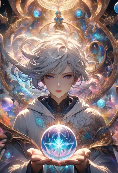 
               ((correct anatomy) )The runes in the mysterious rune magic circle exude a mysterious light，Fascinating and curious. 

                  A beautiful astrologer with long and flowing white hair. A beautiful astrologer wearing a white luminous...