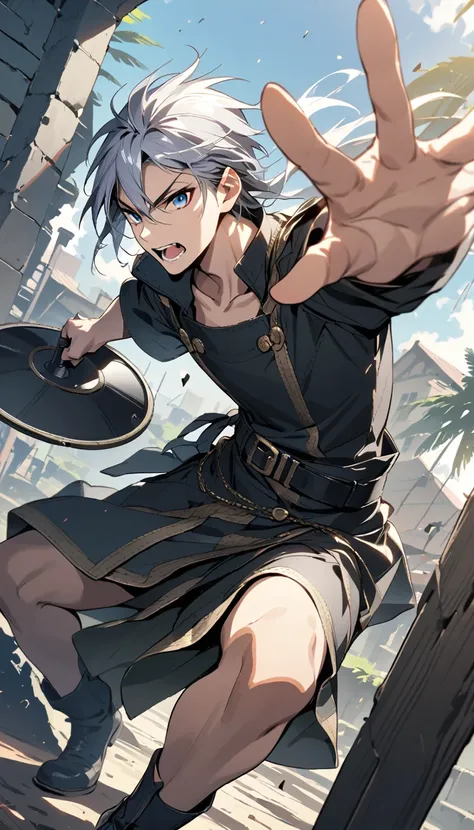 masterpiece, illustration, perfect anatomy, 1boys is 17 years old, solo, silver hair, long hair, blue eyes, swordman, dynamic pose, dynamic angle, battle, Buckler, armored dress, bare arms, bare knees, collarbone, &lt;lora:flat2:-0.4&gt;
